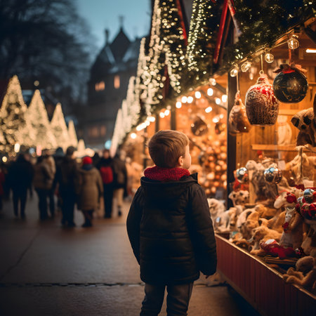 Little boy looking at Christmas market at night in Riga, Latvia.の素材