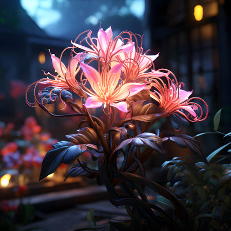 Bouquet of pink lilies on the background of the night city.の素材