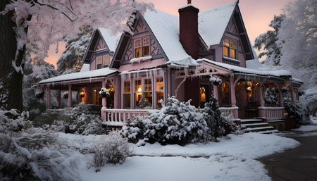 Beautiful old wooden house in the winter forest. Winter evening.の素材