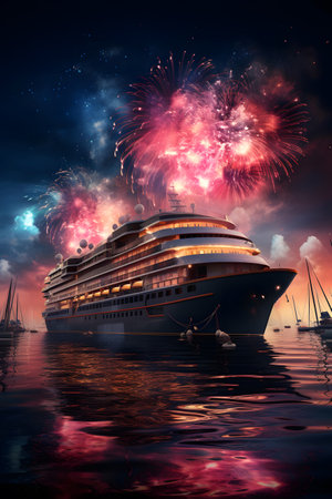 Luxury cruise ship with fireworks in the sky. 3d renderingの素材