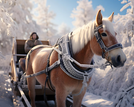 Horse harnessed to a cart on the background of the winter forestの素材