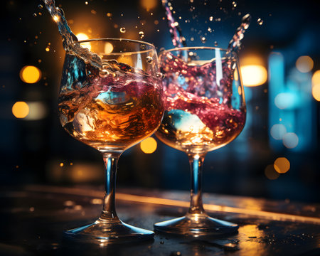 Two glasses of brandy with splashes of red wine on a bar counterの素材