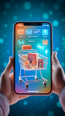 Hand holding smartphone with shopping cart and credit card on blue bokeh backgroundの素材