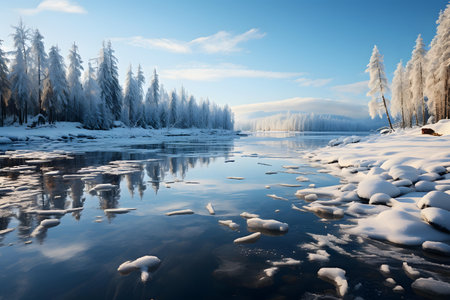 Frozen lake with snow and ice on the shore. Winter landscapeの素材