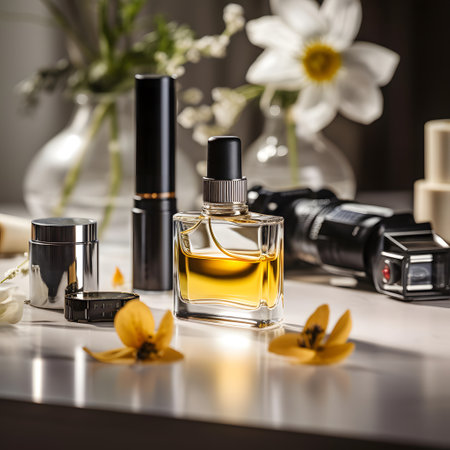 Women's perfume in a bottle on a table in a photo studioの素材
