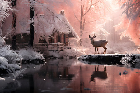 Deer in the winter forest on a lake with trees and fogの素材