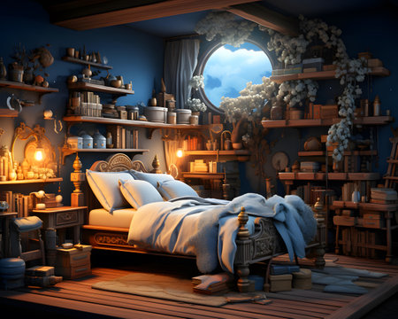 3D rendering of a fantasy bedroom with a large window in the backgroundの素材