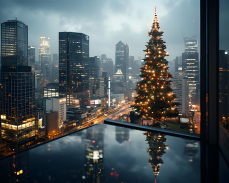 Christmas tree on the background of the skyscrapers of the cityの素材