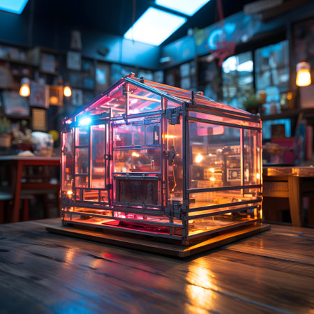 3d rendering of a glass lantern on a wooden table in a cafeの素材