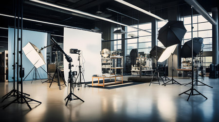 Interior of modern photo studio with equipment and lighting. Mixed mediaの素材