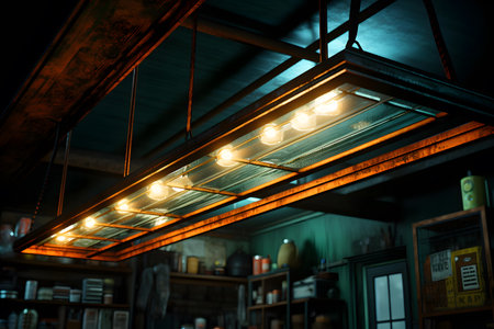 Interior of a cafe with light bulbs. Toned image.の素材