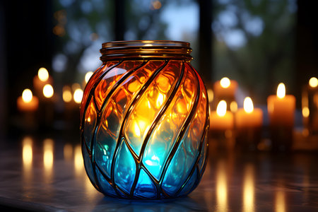 Burning candles in glass vase on table in darkness, closeupの素材