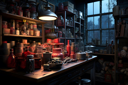 Still life with a variety of household items on a dark background.の素材