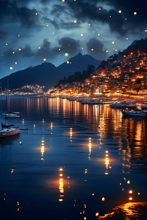 Night view of Lake Como and the city of Positano, Italyの素材
