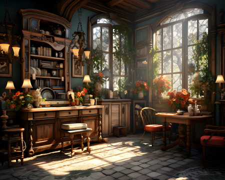 Interior of an old room with furniture and plants. 3d renderingの素材