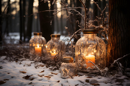 Candles in a glass jar on a background of a winter forestの素材