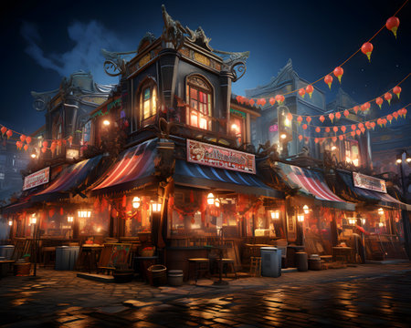 Night view of a street cafe in the center of the city.の素材