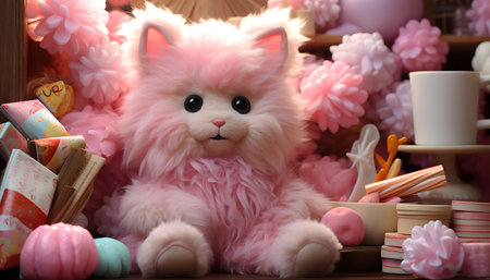 Cute fluffy cat with books and candies on shelf in roomの素材