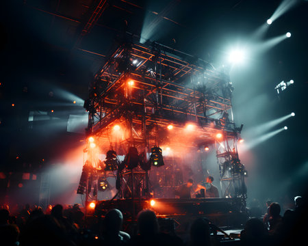Stage lights and crowd of people in front of a live concert stageの素材