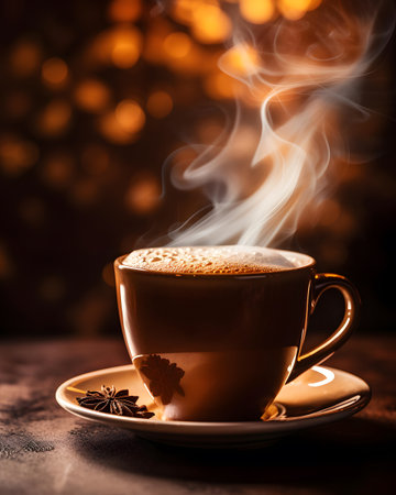 Cup of coffee on a wooden table and bokeh backgroundの素材