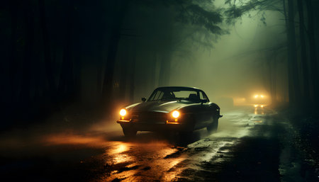 Car driving on a wet road at night in the foggy forest.の素材