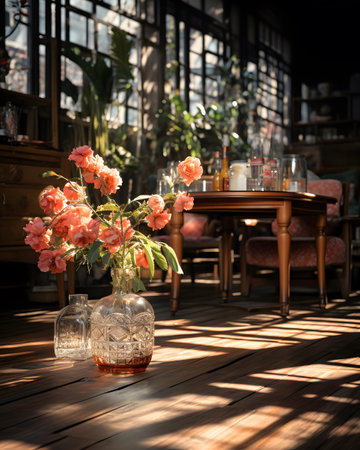 Vase with roses in the interior of a cafe. Selective focus.の素材