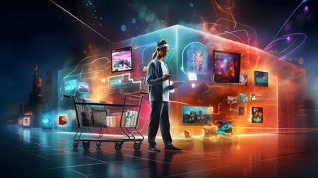 Young woman in virtual reality headset and shopping cart. 3d renderingの素材