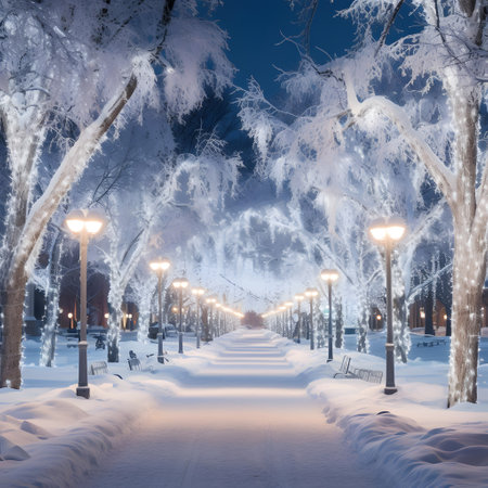 Winter park at night with decorations, lights, benches and trees.の素材