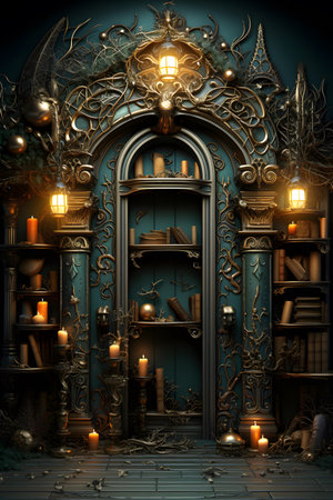 3D rendering of a fantasy door with books and candles in itの素材