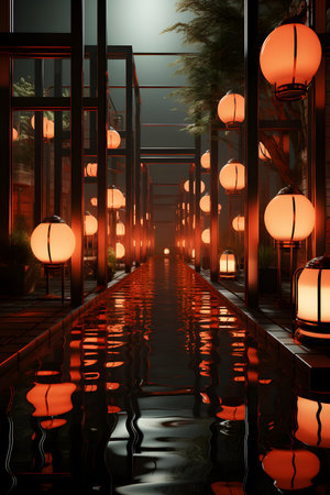 Chinese lanterns in a corridor at night.3d rendering.の素材