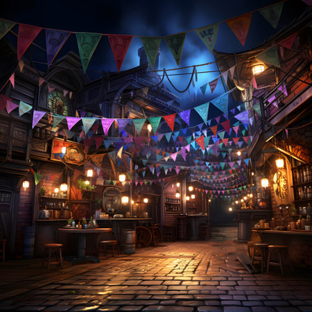 Illustration of a night pub in the old town of London.の素材