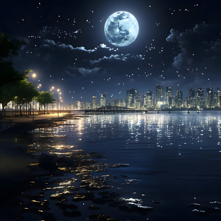 Cityscape at night with full moon and reflection in water, 3d renderの素材