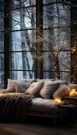 Cozy winter night in the living room with a large window. Christmas and New Year concept.の素材