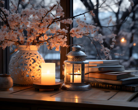 Lanterns, books, candles and cherry blossoms on the windowsillの素材