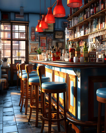 Interior of a bar with tables and chairs. 3d renderingの素材