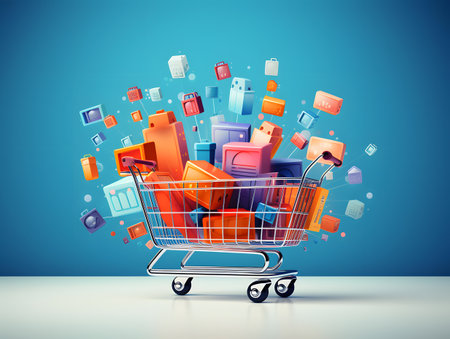 Shopping cart with colorful application icons on blue background. 3D renderingの素材