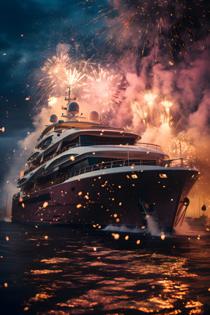 luxury yacht with fireworks in the night sky. 3d renderingの素材