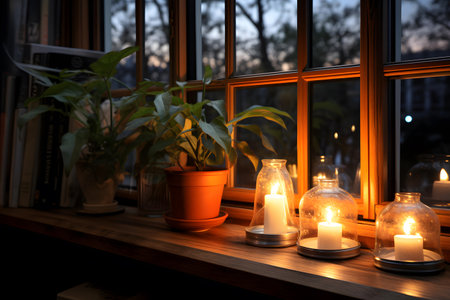 Burning candles and plants on windowsill at night, closeupの素材
