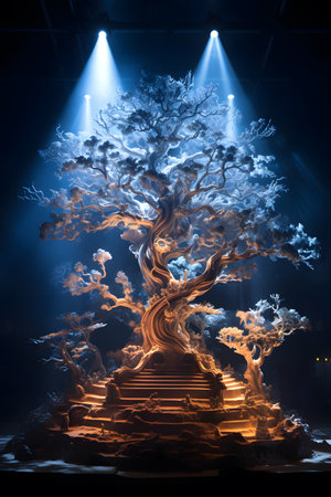 Bonsai in the dark, illuminated by the rays of the projectorの素材