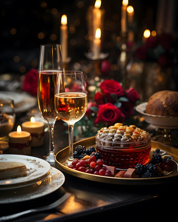Festive table setting for Valentine's Day. Glasses of wine, cake, candles and roses. Selective focus.の素材