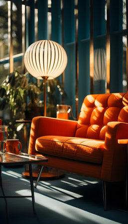 Interior of modern cafe with orange sofa, coffee table and lampの素材