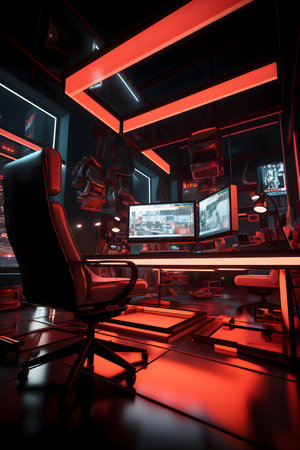 Modern computer room with red lighting and black armchair. 3d renderingの素材