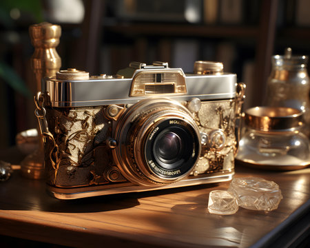 Vintage camera on a wooden table in the interior of the roomの素材