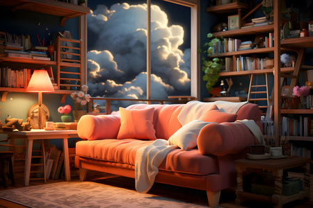 3d render of cozy living room with sofa and bookshelfの素材