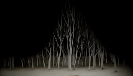 3d illustration of a black background with white trees in a rowの素材