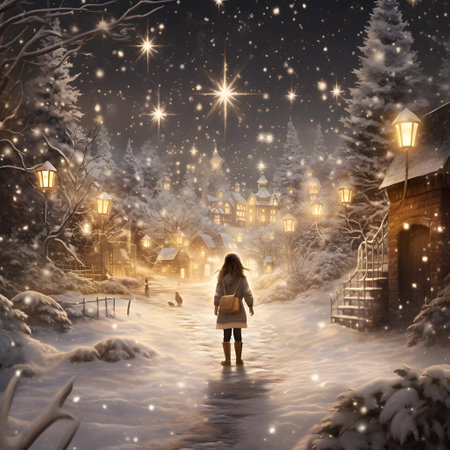 Little girl in the village at night. Winter fairy tale. Christmas card.の素材