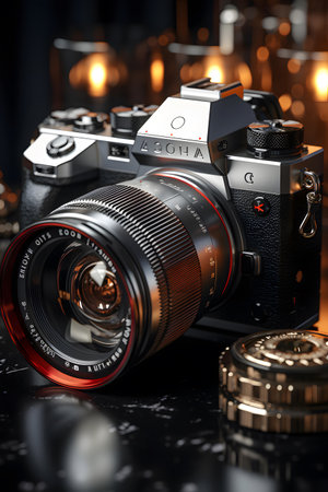 Retro camera on a black background. 3d rendering toned imageの素材