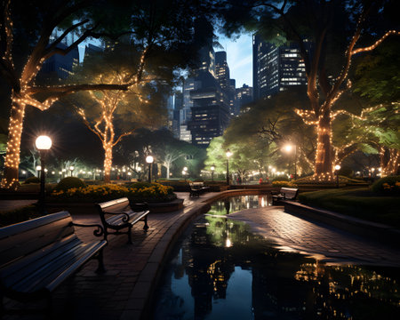 Illuminated park in Hong Kong at night with bench and lanternsの素材