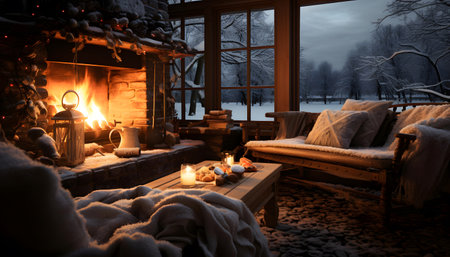 Winter terrace with fireplace and Christmas decorations. Christmas decorations.の素材