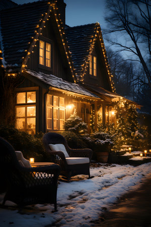 Beautiful wooden house in the winter at night with a garlandの素材